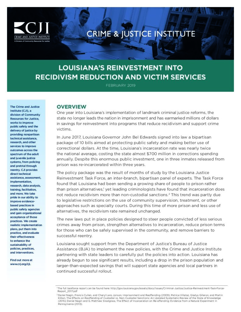 Cover for Louisiana’s Reinvestment Into Recidivism Reduction and Victim Services