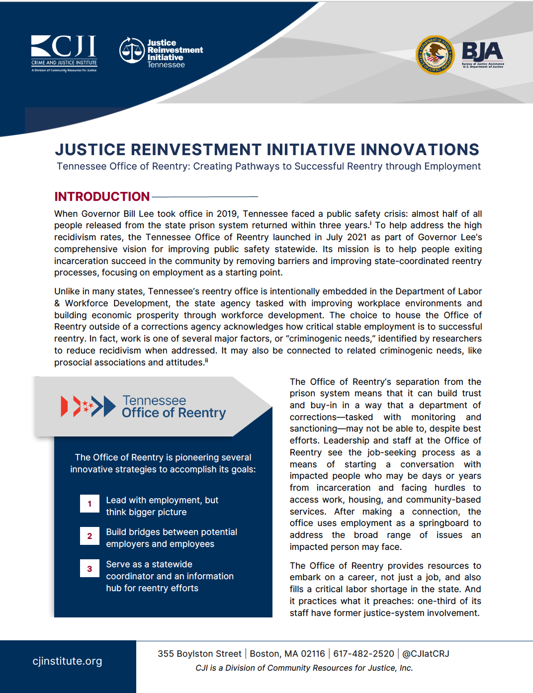 Justice Reinvestment Initiative Innovations: Tennessee Office of Reentry: Creating Pathways to Successful Reentry through Employment