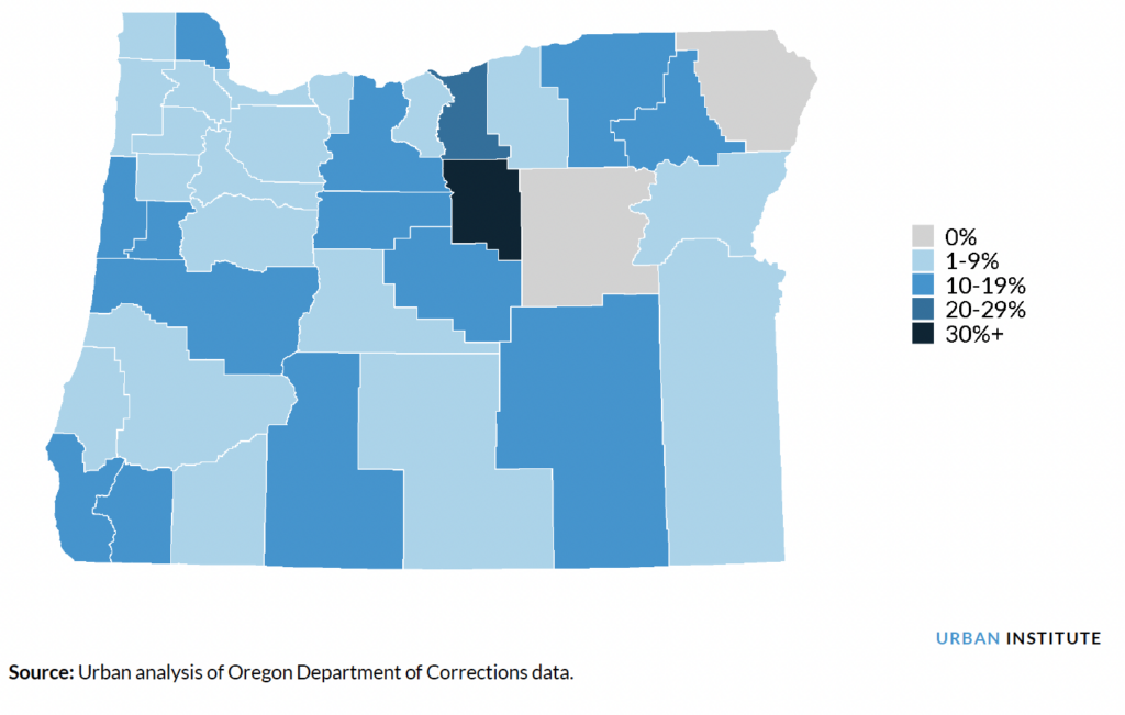 Illustrating  Percentage of Eligible Closures Ending in Earned Discharge in Oregon by County in 2019