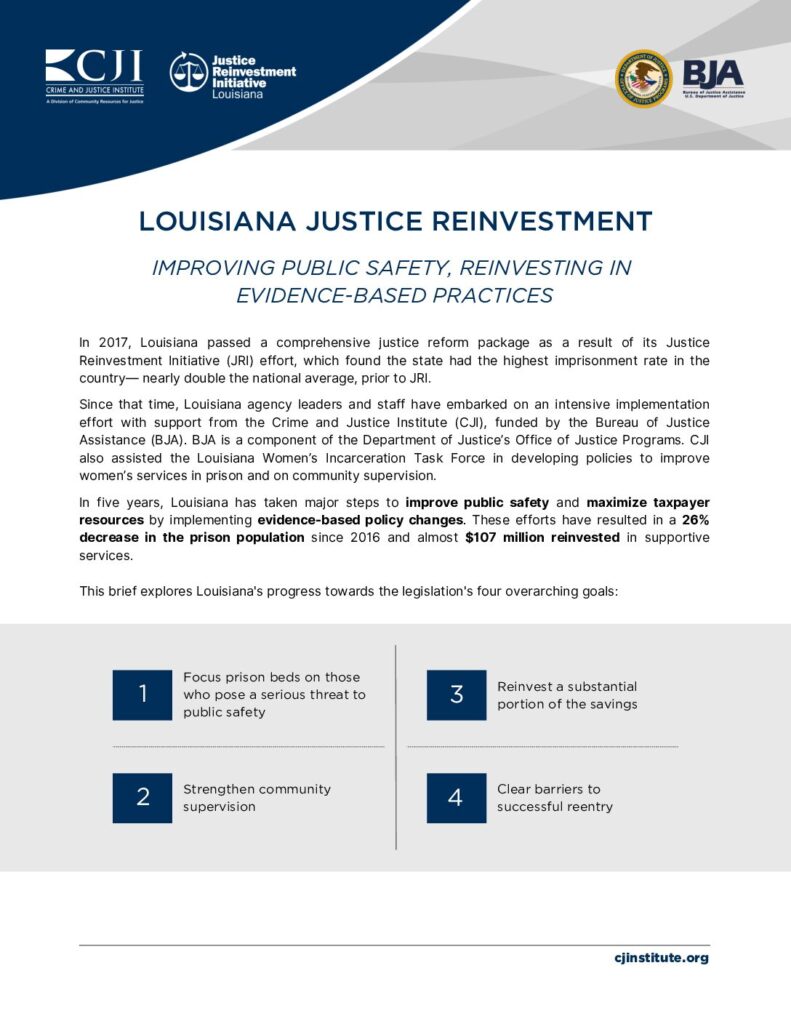 Cover of Louisiana Justice Reinvestment: Improving Public Safety, Reinvesting in Evidence-Based Practices